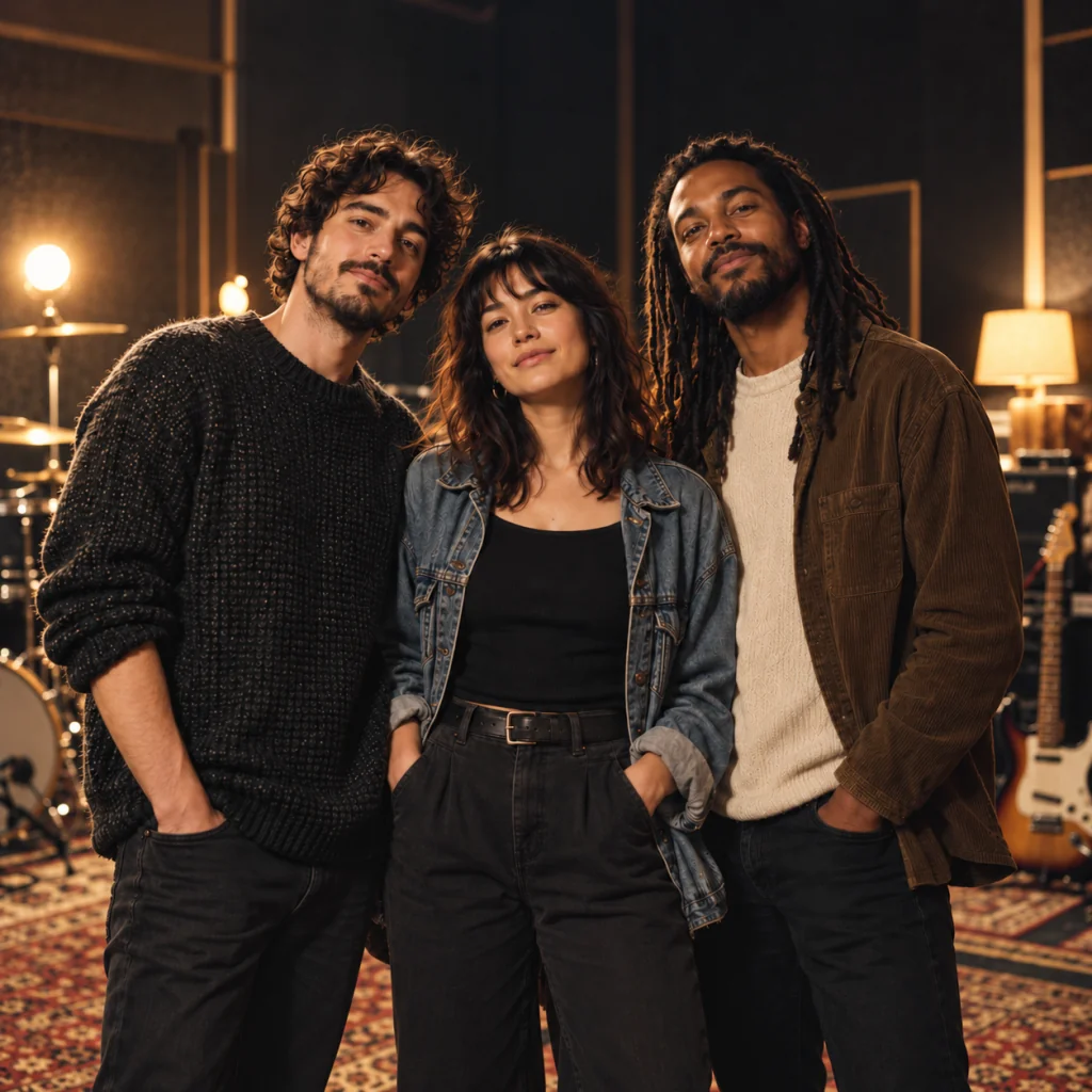 Fictional three-person band together in a recording studio, independently generated concept artwork