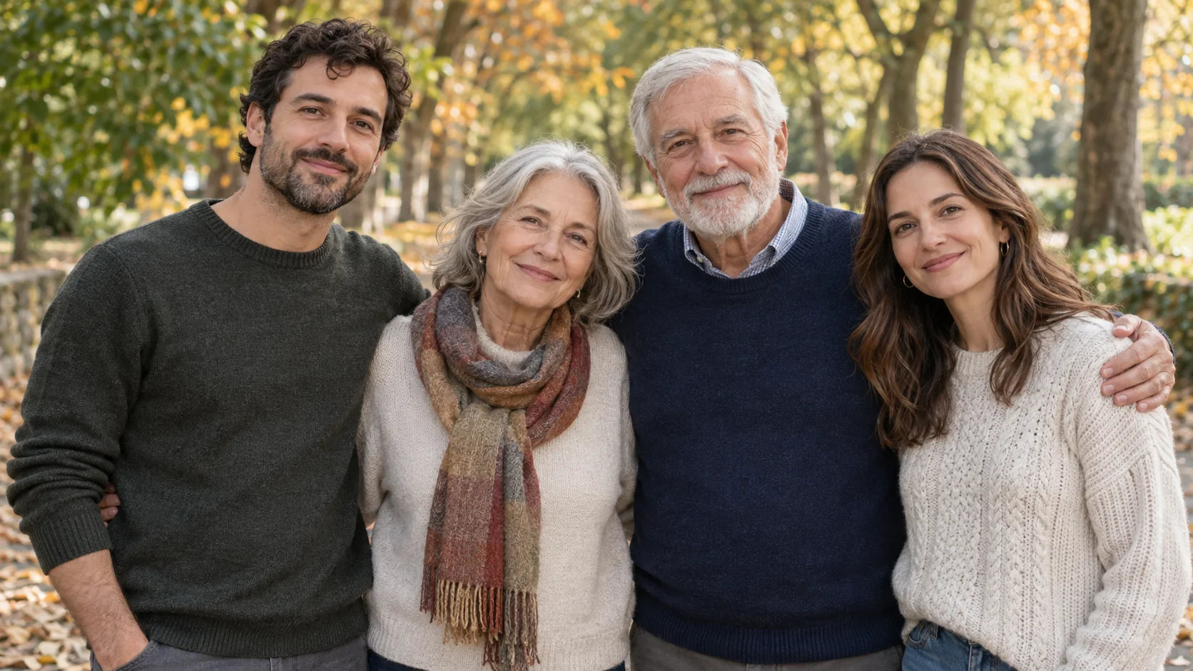 Fictional family of four together in an autumn woodland, independently generated concept artwork