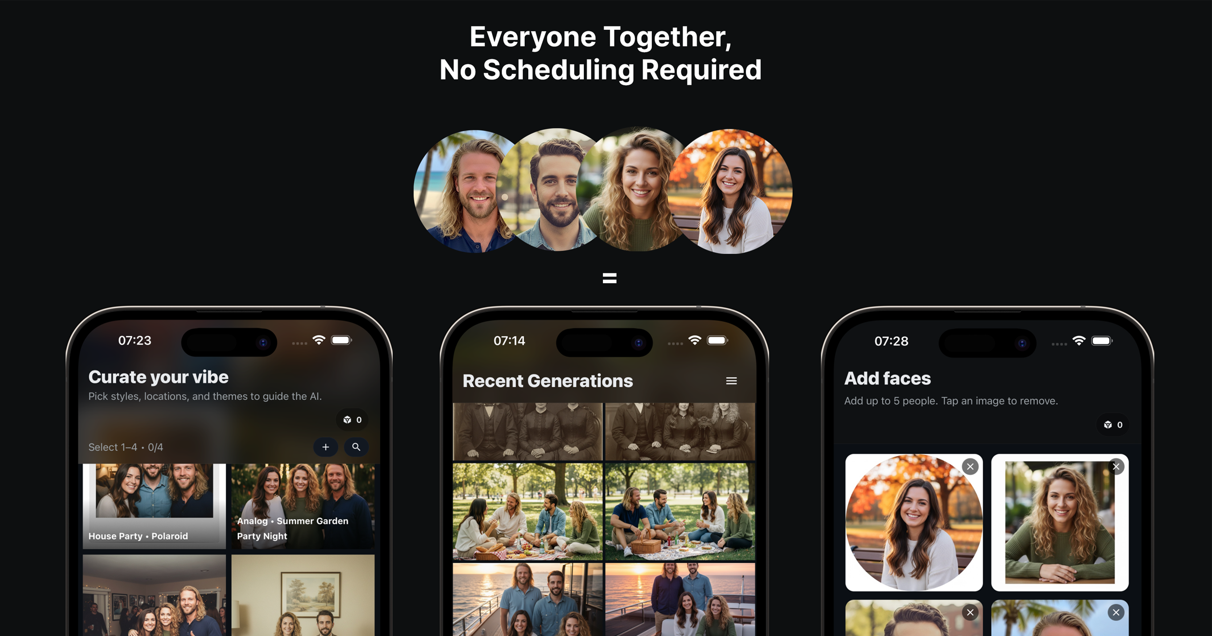Collage of AI group photo styles and backgrounds