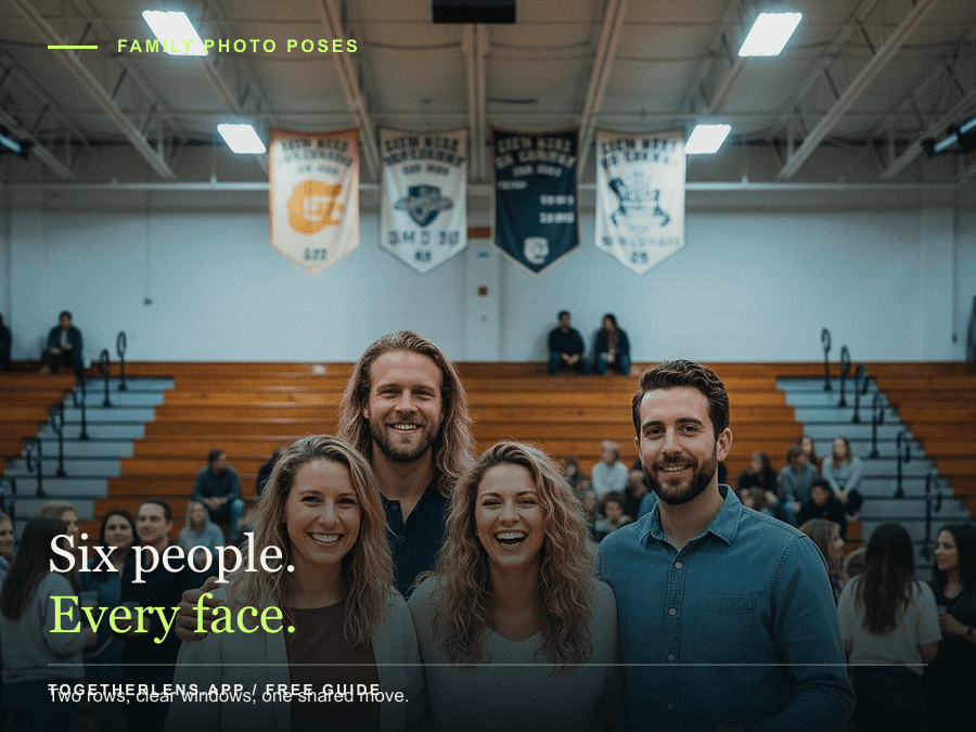 Six-person family photo pose guide with every face visible