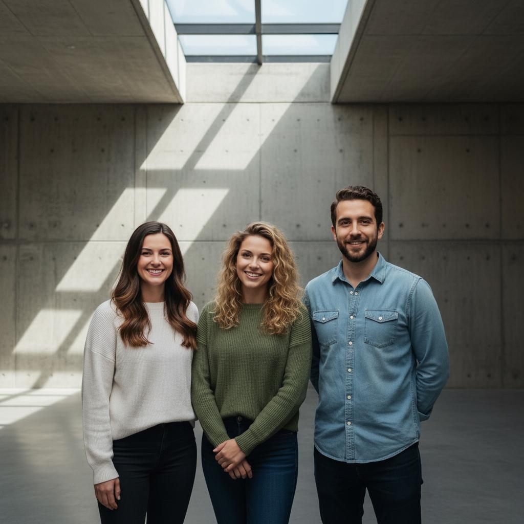 Sleek atrium office backdrop for a cohesive remote team photo
