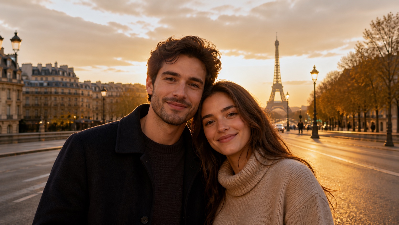 Exemplo ilustrativo de um casal criado com IA em uma rua de Paris