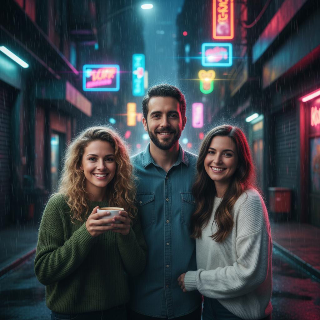 AI-generated group photo style: Cyberpunk Neon Alley