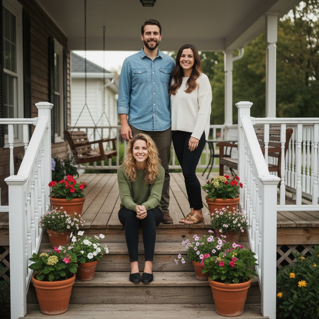 Family-style holiday portrait on a front porch