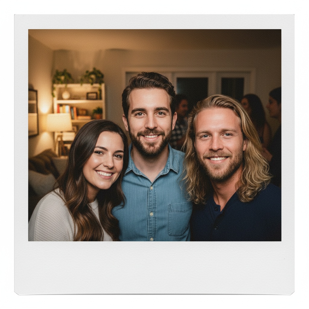 AI-generated friends group portrait at a house party