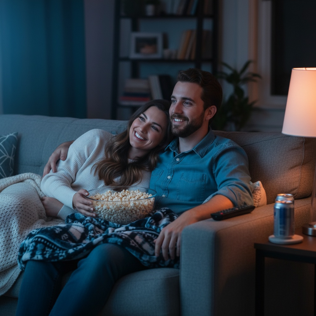 One face added into an AI-generated living room movie night photo