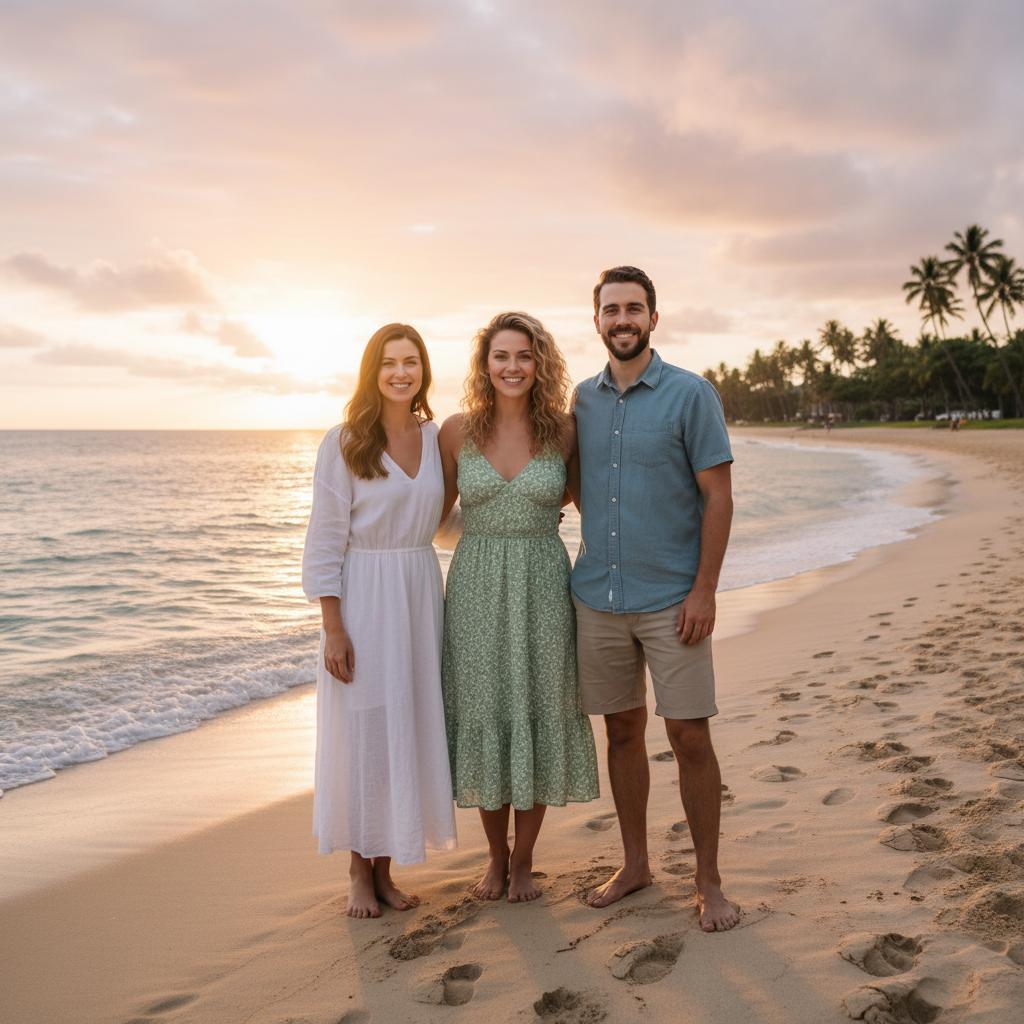 AI-generated friends travel portrait on a tropical beach